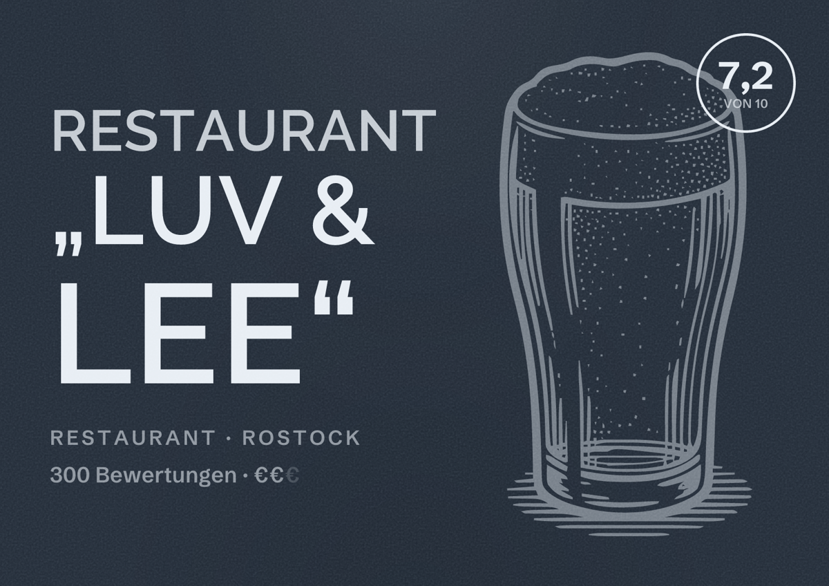 Illustriertes Poster von Restaurant „Luv & Lee“, Restaurant in Rostock: Bewertung 7,2 von 10 aus 300 Bewertungen, Preisniveau €€