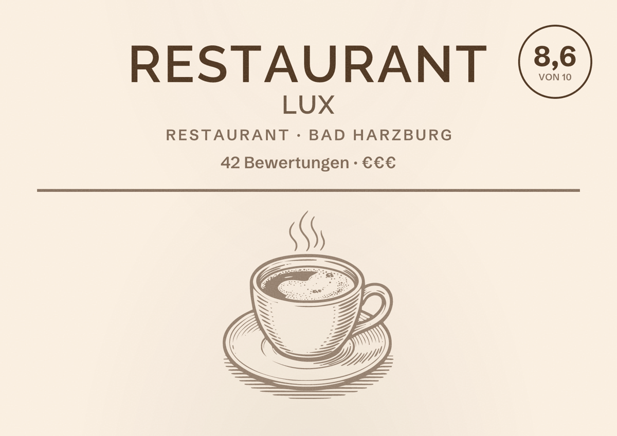 Illustriertes Poster von Restaurant LUX, Restaurant in Bad Harzburg: Bewertung 8,6 von 10 aus 42 Bewertungen, Preisniveau €€€