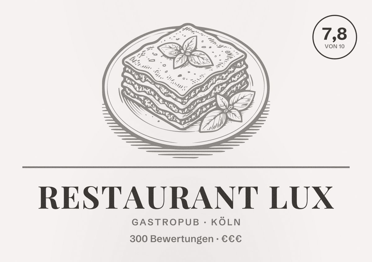 Illustriertes Poster von Restaurant Lux, Gastropub in Köln: Bewertung 7,8 von 10 aus 300 Bewertungen, Preisniveau €€€