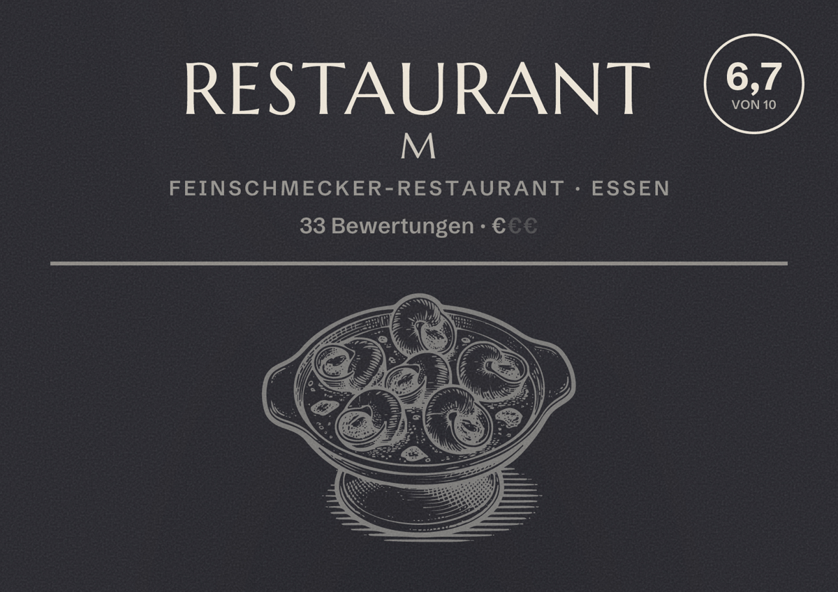 Illustriertes Poster von Restaurant M, Feinschmecker-Restaurant in Essen: Bewertung 6,7 von 10 aus 33 Bewertungen, Preisniveau €