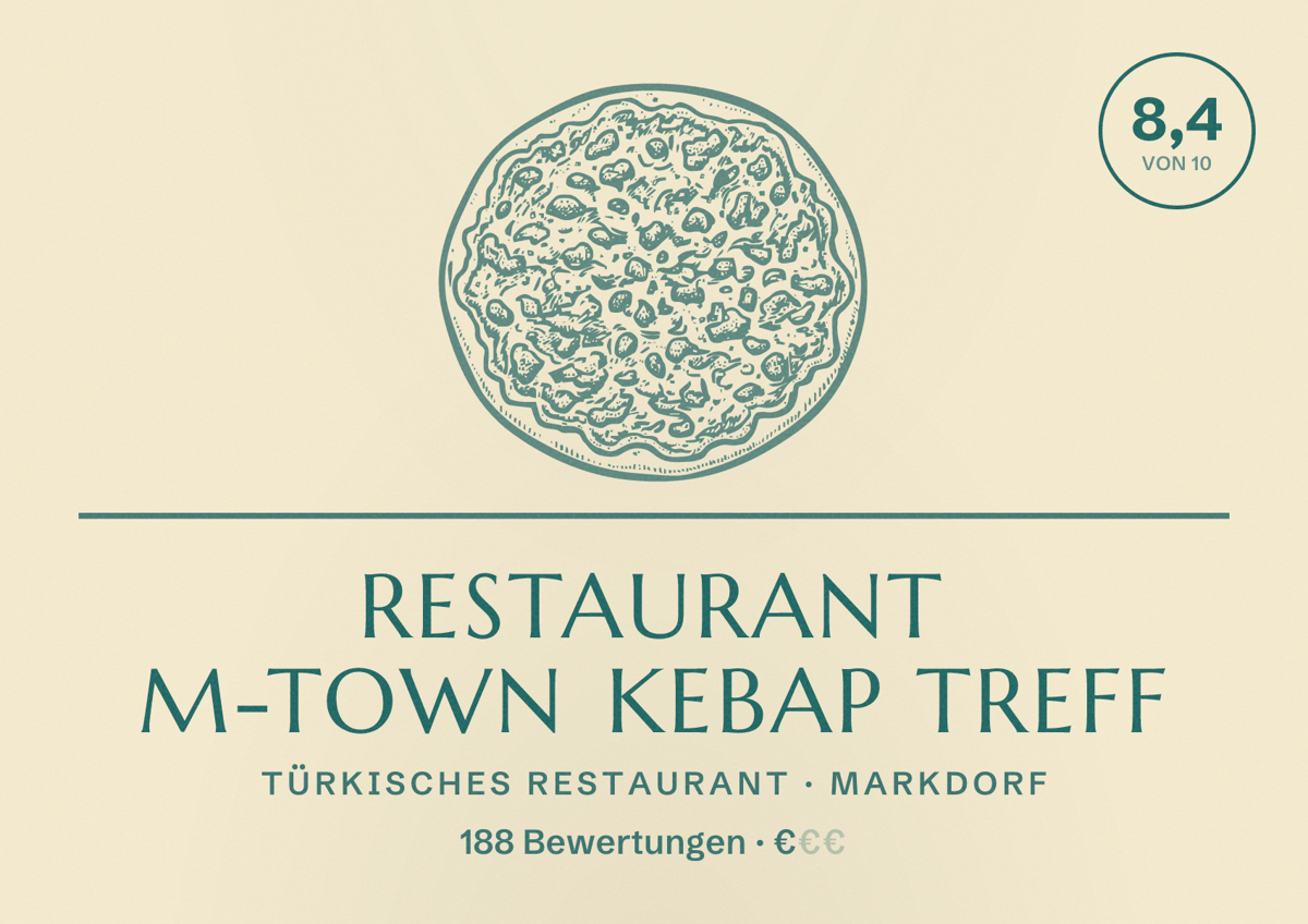 Illustriertes Poster von Restaurant M-Town Kebap Treff, Türkisches Restaurant in Markdorf: Bewertung 8,4 von 10 aus 188 Bewertungen, Preisniveau €