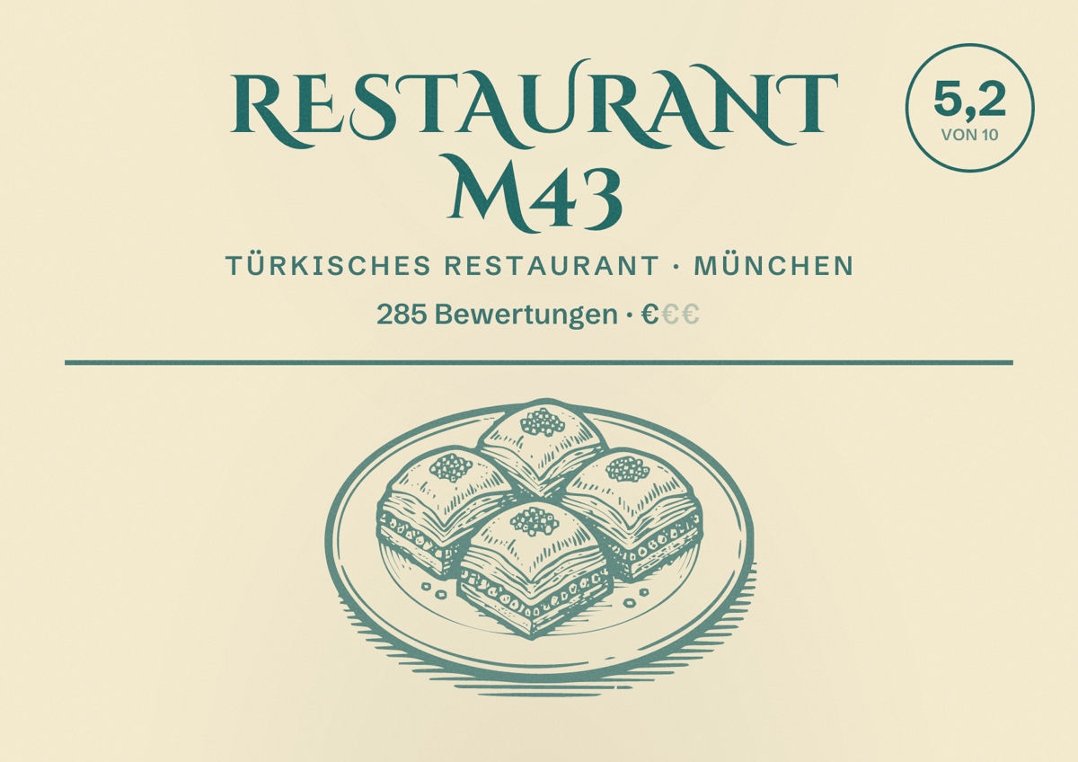 Illustriertes Poster von Restaurant M43, Türkisches Restaurant in München: Bewertung 5,2 von 10 aus 285 Bewertungen, Preisniveau €