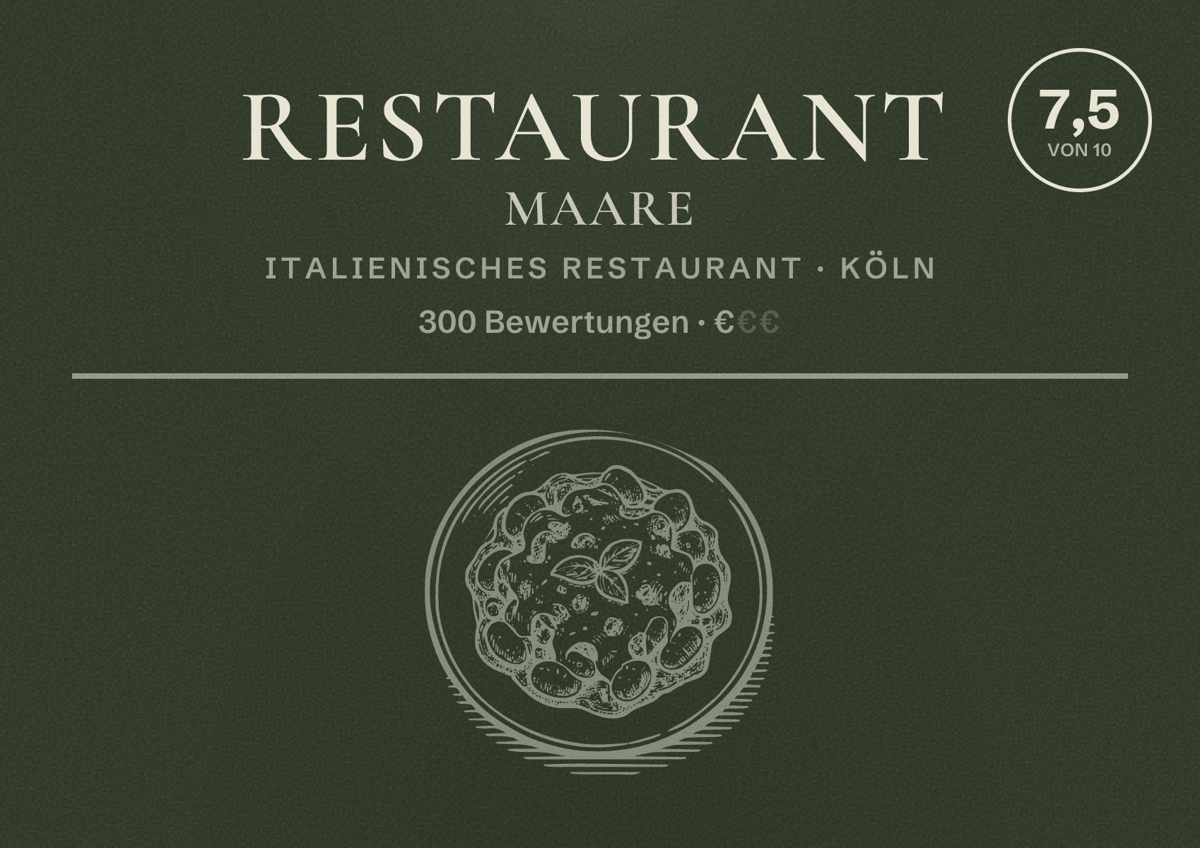 Illustriertes Poster von Restaurant MaaRe, Italienisches Restaurant in Köln: Bewertung 7,5 von 10 aus 300 Bewertungen, Preisniveau €