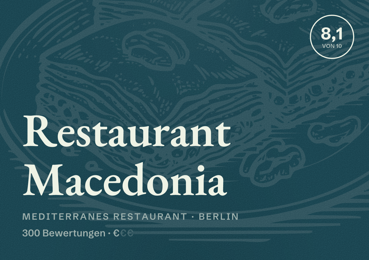 Illustriertes Poster von Restaurant Macedonia, Mediterranes Restaurant in Berlin: Bewertung 8,1 von 10 aus 300 Bewertungen, Preisniveau €