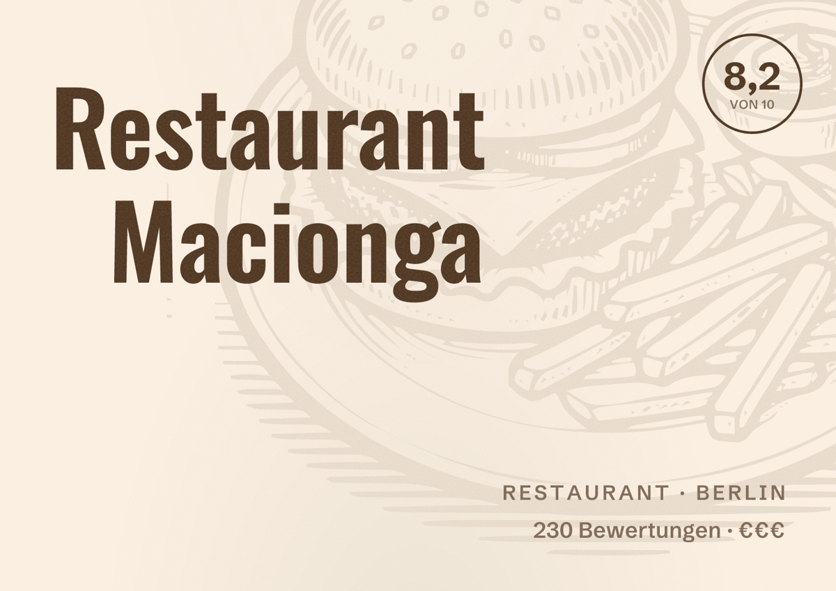 Illustriertes Poster von Restaurant Macionga, Restaurant in Berlin: Bewertung 8,2 von 10 aus 230 Bewertungen, Preisniveau €€€