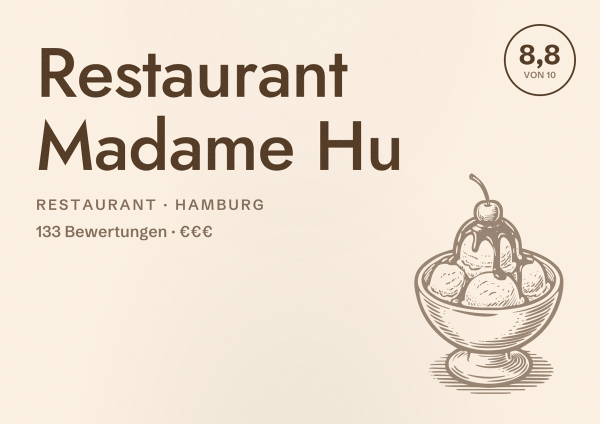 Illustriertes Poster von Restaurant Madame Hu, Restaurant in Hamburg: Bewertung 8,8 von 10 aus 133 Bewertungen, Preisniveau €€€