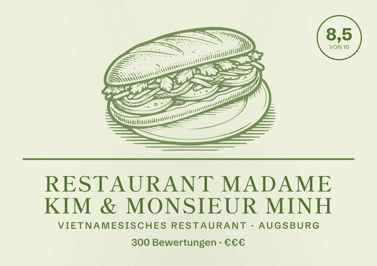 Illustriertes Poster von Restaurant Madame Kim & Monsieur Minh, Vietnamesisches Restaurant in Augsburg: Bewertung 8,5 von 10 aus 300 Bewertungen, Preisniveau €€€