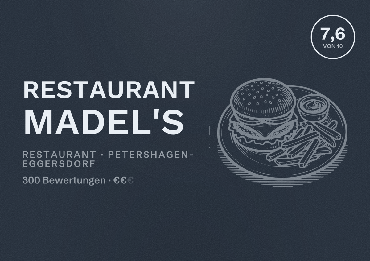 Illustriertes Poster von Restaurant Madel's, Restaurant in Petershagen-Eggersdorf: Bewertung 7,6 von 10 aus 300 Bewertungen, Preisniveau €€