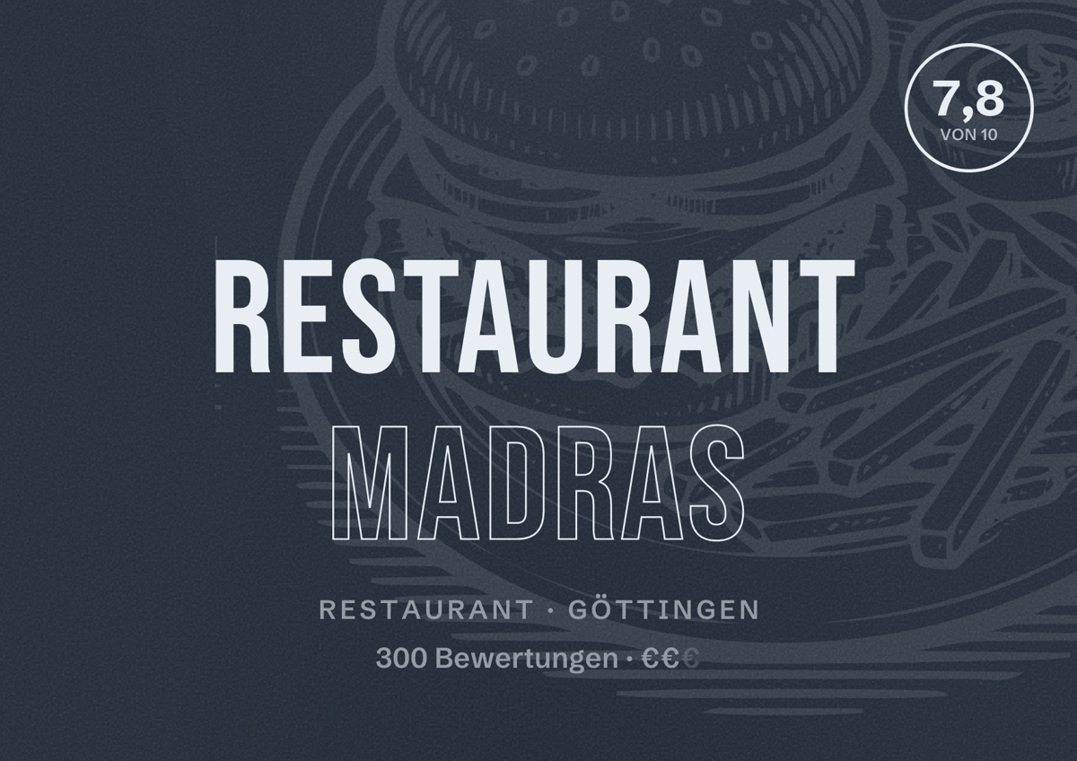 Illustriertes Poster von Restaurant Madras, Restaurant in Göttingen: Bewertung 7,8 von 10 aus 300 Bewertungen, Preisniveau €€