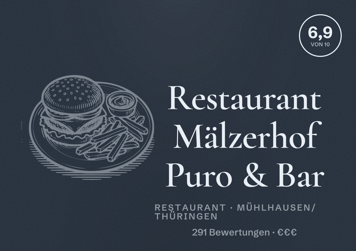 Illustriertes Poster von Restaurant Mälzerhof Puro & Bar, Restaurant in Mühlhausen/Thüringen: Bewertung 6,9 von 10 aus 291 Bewertungen, Preisniveau €€€
