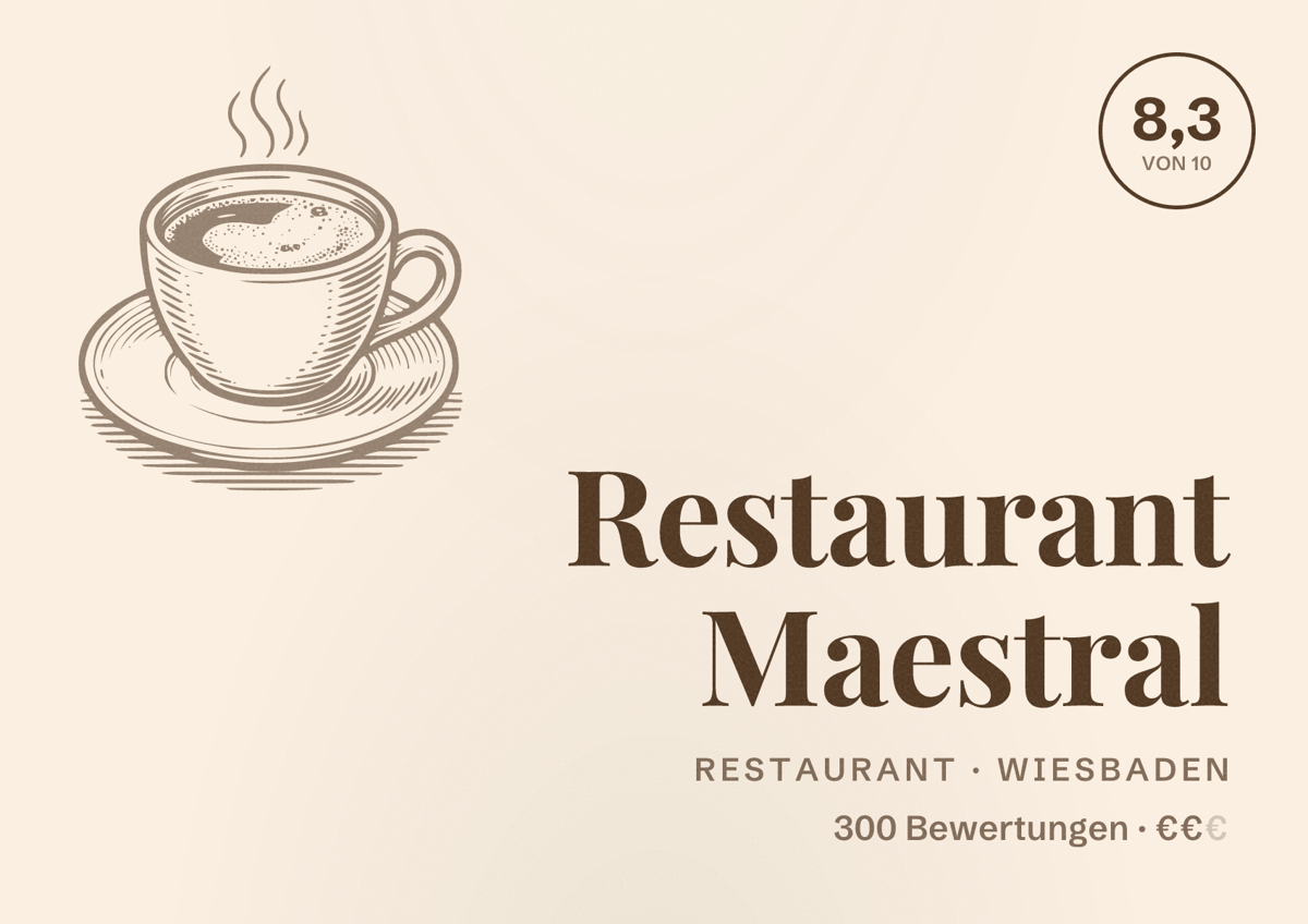 Illustriertes Poster von Restaurant Maestral, Restaurant in Wiesbaden: Bewertung 8,3 von 10 aus 300 Bewertungen, Preisniveau €€