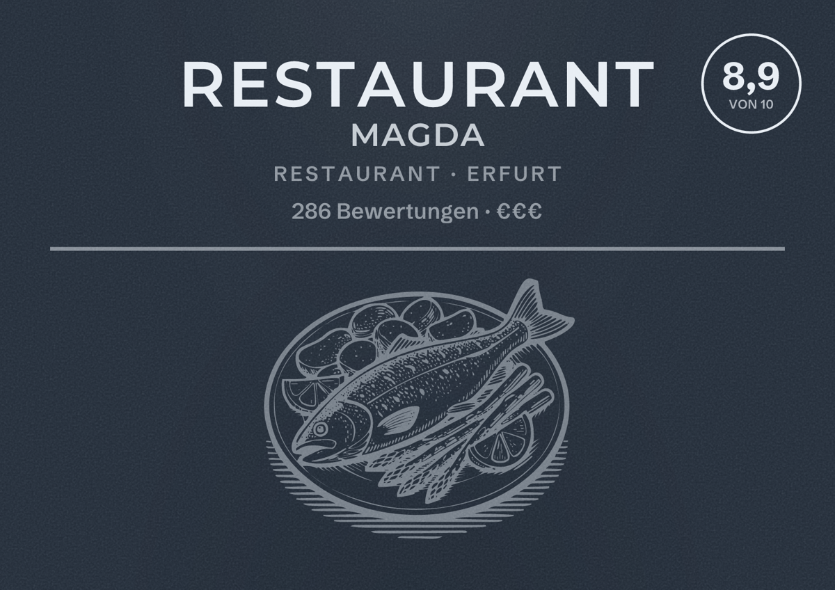 Illustriertes Poster von Restaurant Magda, Restaurant in Erfurt: Bewertung 8,9 von 10 aus 286 Bewertungen, Preisniveau €€€