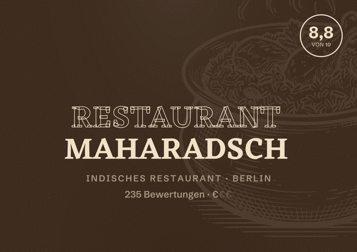 Illustriertes Poster von Restaurant Maharadsch, Indisches Restaurant in Berlin: Bewertung 8,8 von 10 aus 235 Bewertungen, Preisniveau €