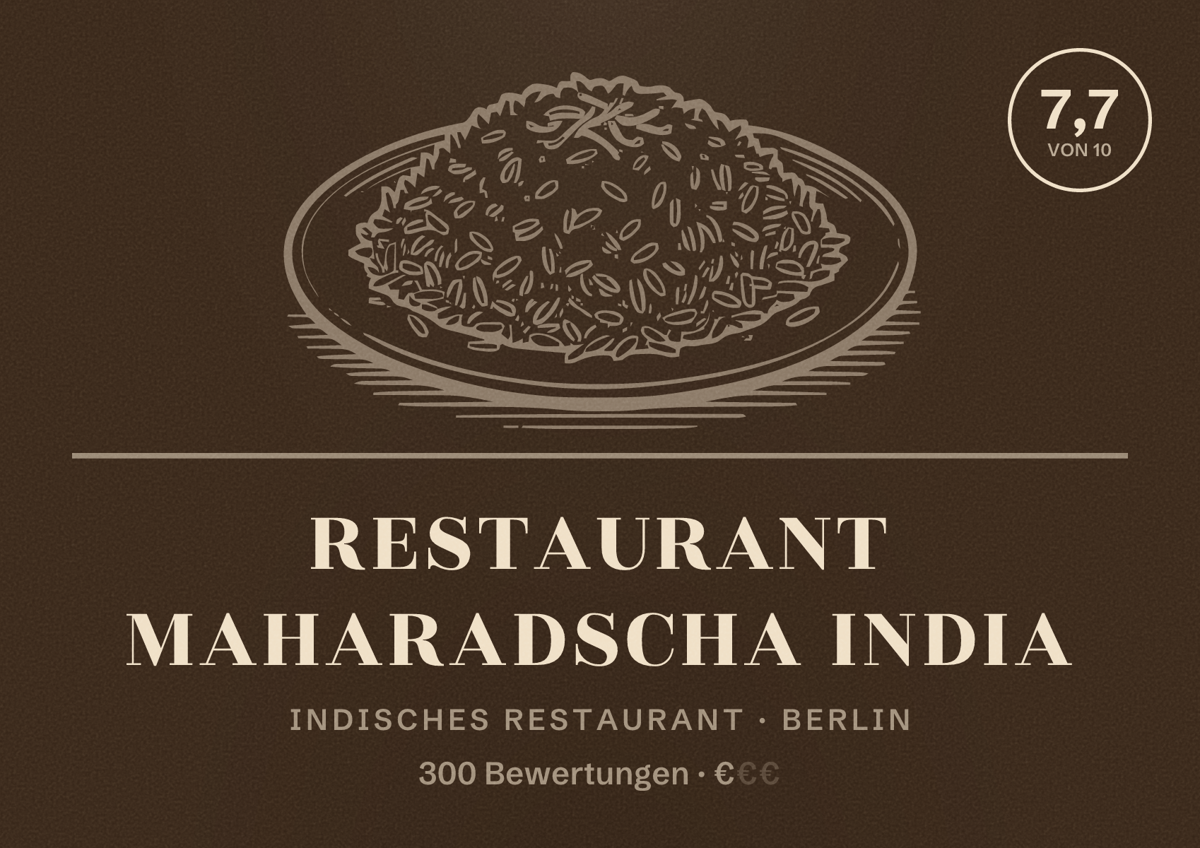 Illustriertes Poster von Restaurant Maharadscha India, Indisches Restaurant in Berlin: Bewertung 7,7 von 10 aus 300 Bewertungen, Preisniveau €