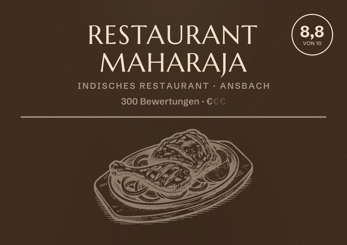 Illustriertes Poster von Restaurant Maharaja, Indisches Restaurant in Ansbach: Bewertung 8,8 von 10 aus 300 Bewertungen, Preisniveau €
