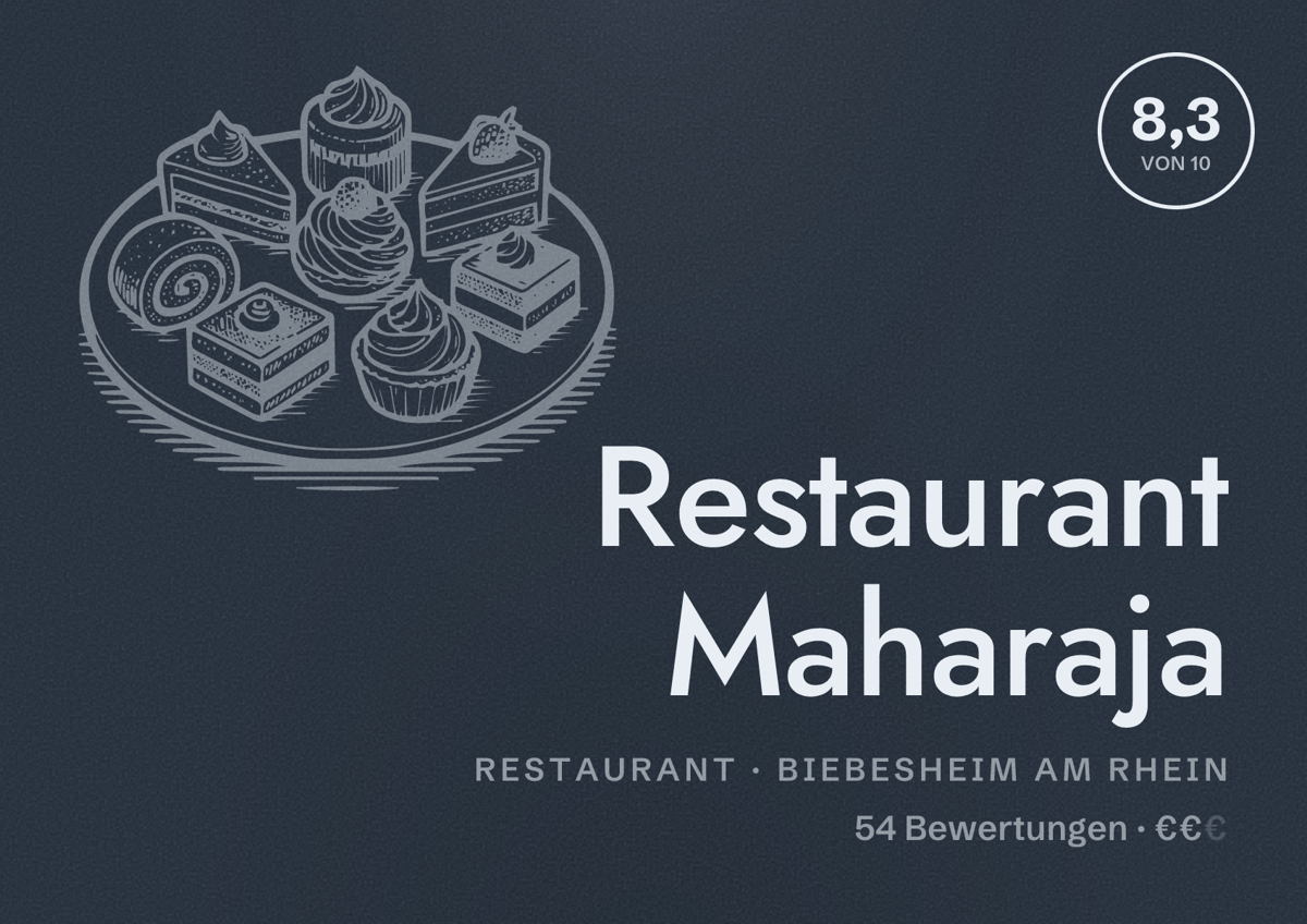 Illustriertes Poster von Restaurant Maharaja, Restaurant in Biebesheim am Rhein: Bewertung 8,3 von 10 aus 54 Bewertungen, Preisniveau €€