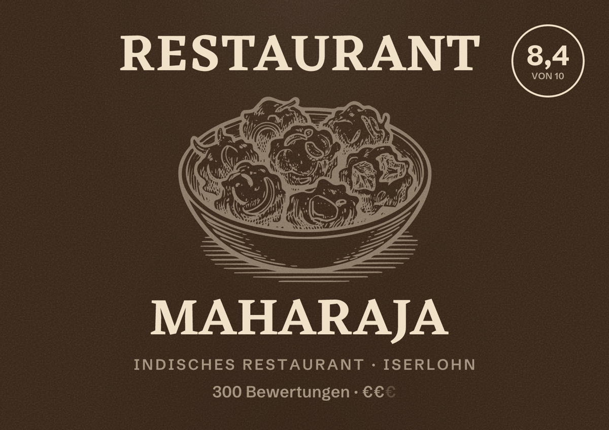 Illustriertes Poster von Restaurant Maharaja, Indisches Restaurant in Iserlohn: Bewertung 8,4 von 10 aus 300 Bewertungen, Preisniveau €€