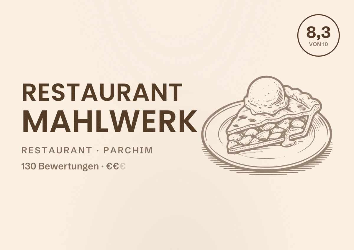 Illustriertes Poster von Restaurant Mahlwerk, Restaurant in Parchim: Bewertung 8,3 von 10 aus 130 Bewertungen, Preisniveau €€