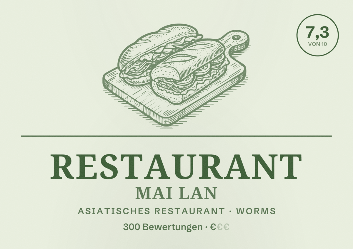 Illustriertes Poster von Restaurant Mai Lan, Asiatisches Restaurant in Worms: Bewertung 7,3 von 10 aus 300 Bewertungen, Preisniveau €