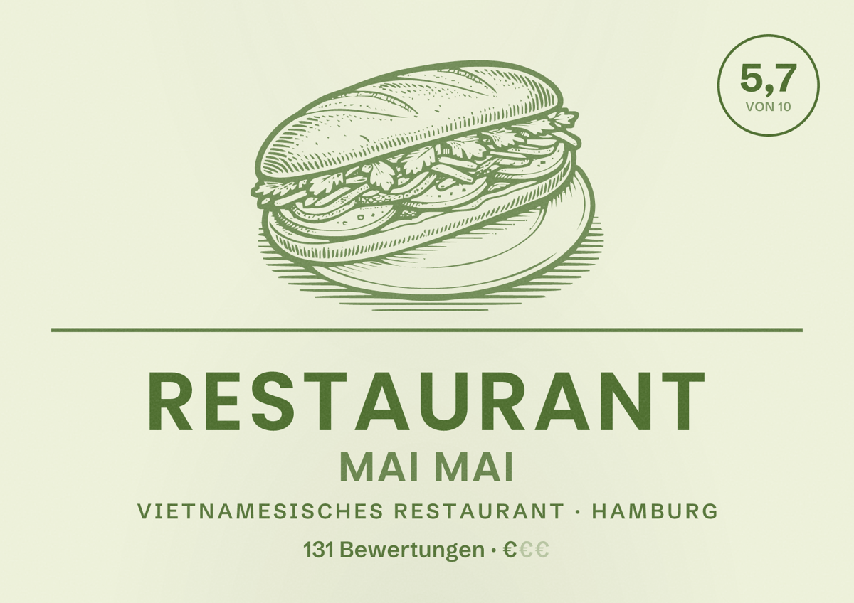 Illustriertes Poster von Restaurant Mai Mai, Vietnamesisches Restaurant in Hamburg: Bewertung 5,7 von 10 aus 131 Bewertungen, Preisniveau €