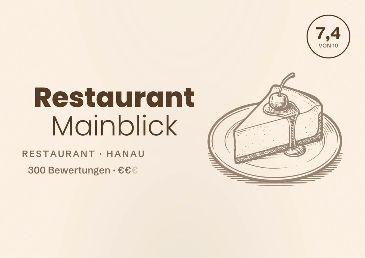 Illustriertes Poster von Restaurant Mainblick, Restaurant in Hanau: Bewertung 7,4 von 10 aus 300 Bewertungen, Preisniveau €€