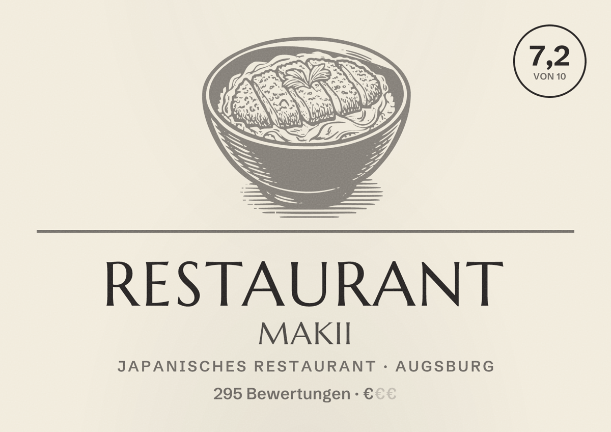 Illustriertes Poster von Restaurant Makii, Japanisches Restaurant in Augsburg: Bewertung 7,2 von 10 aus 295 Bewertungen, Preisniveau €