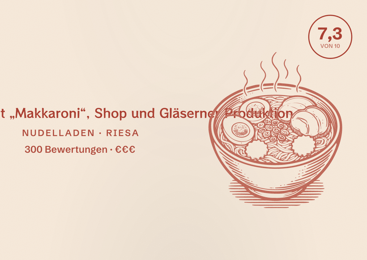 Illustriertes Poster von Restaurant „Makkaroni“, Shop und Gläserner Produktion, Nudelladen in Riesa: Bewertung 7,3 von 10 aus 300 Bewertungen, Preisniveau €€€
