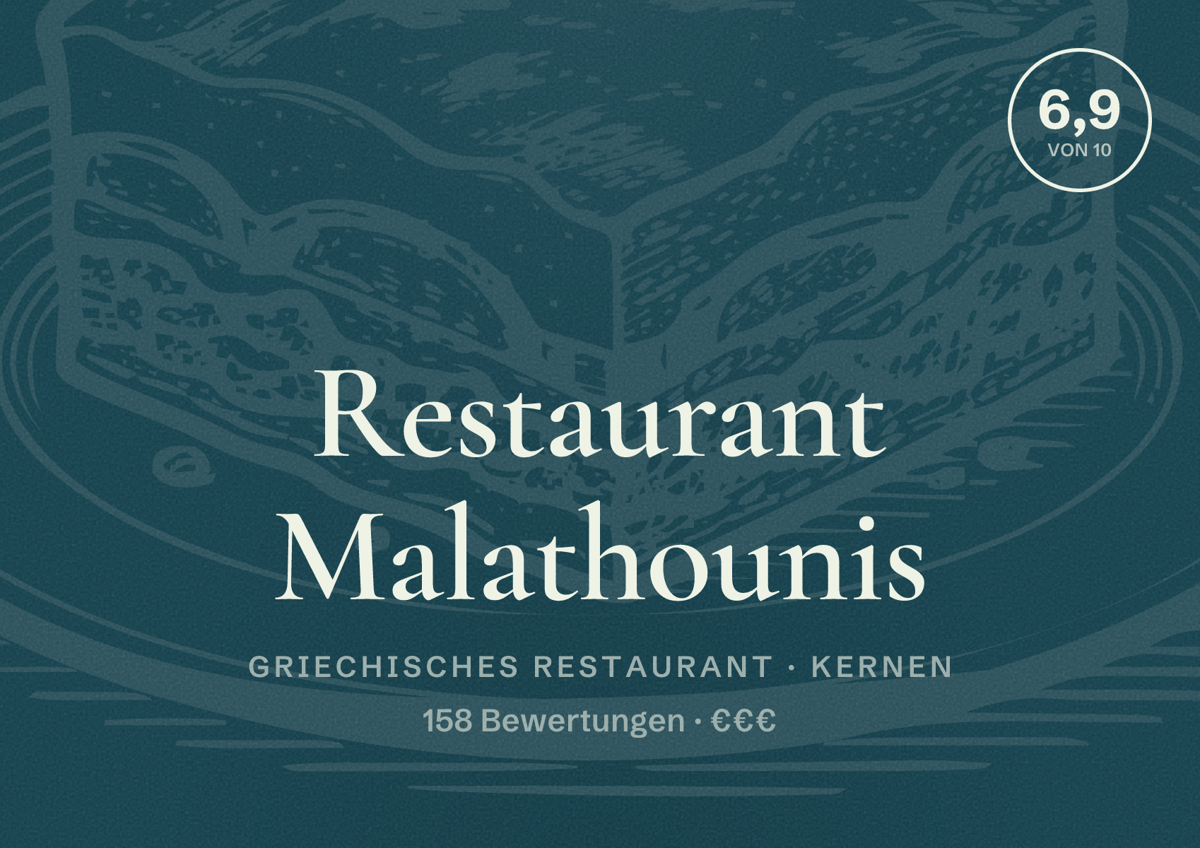Illustriertes Poster von Restaurant Malathounis, Griechisches Restaurant in Kernen: Bewertung 6,9 von 10 aus 158 Bewertungen, Preisniveau €€€