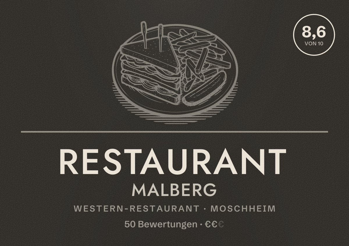 Illustriertes Poster von Restaurant Malberg, Western-Restaurant in Moschheim: Bewertung 8,6 von 10 aus 50 Bewertungen, Preisniveau €€