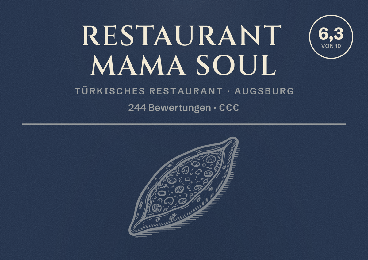 Illustriertes Poster von Restaurant Mama Soul, Türkisches Restaurant in Augsburg: Bewertung 6,3 von 10 aus 244 Bewertungen, Preisniveau €€€