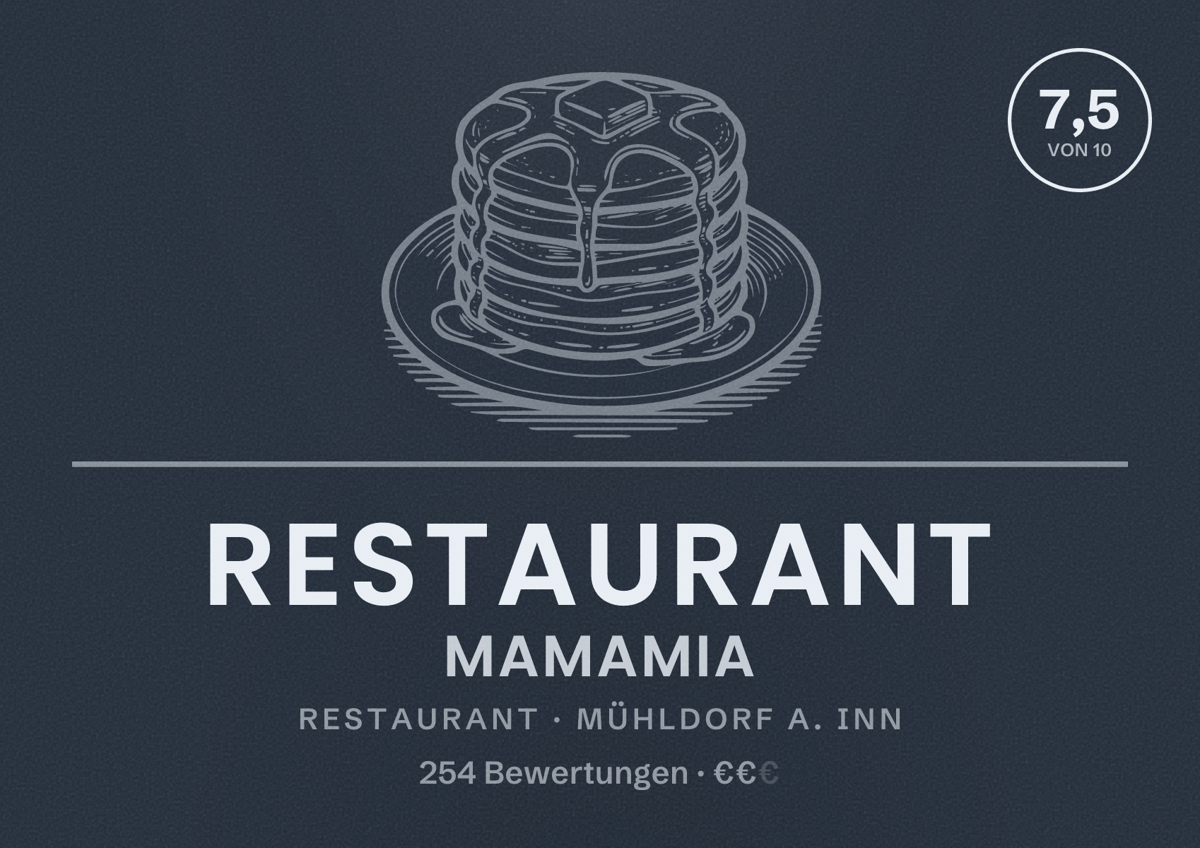 Illustriertes Poster von Restaurant Mamamia, Restaurant in Mühldorf a. Inn: Bewertung 7,5 von 10 aus 254 Bewertungen, Preisniveau €€