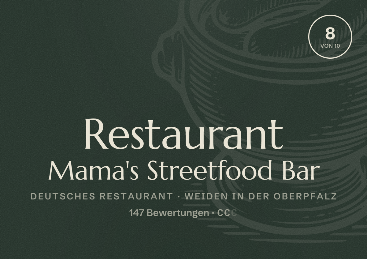 Illustriertes Poster von Restaurant Mama's Streetfood Bar, Deutsches Restaurant in Weiden in der Oberpfalz: Bewertung 8 von 10 aus 147 Bewertungen, Preisniveau €€
