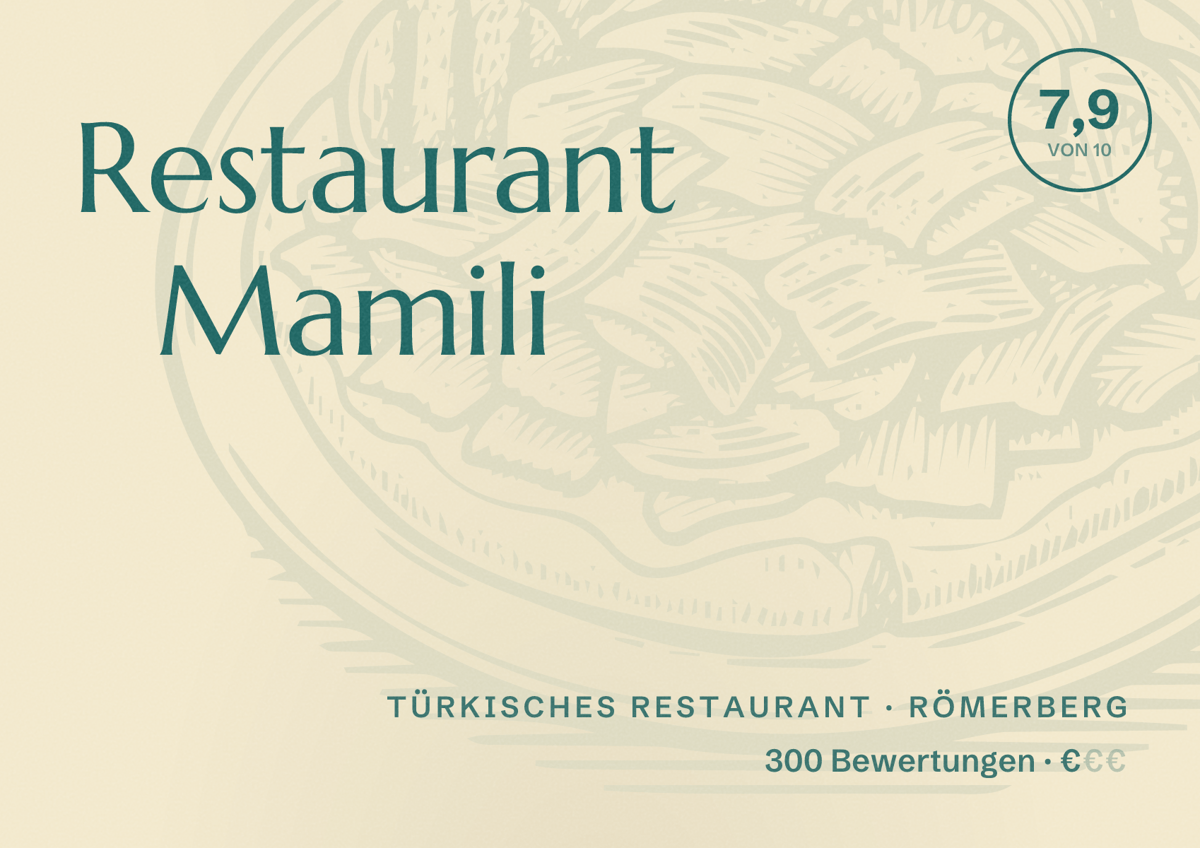 Illustriertes Poster von Restaurant Mamili, Türkisches Restaurant in Römerberg: Bewertung 7,9 von 10 aus 300 Bewertungen, Preisniveau €