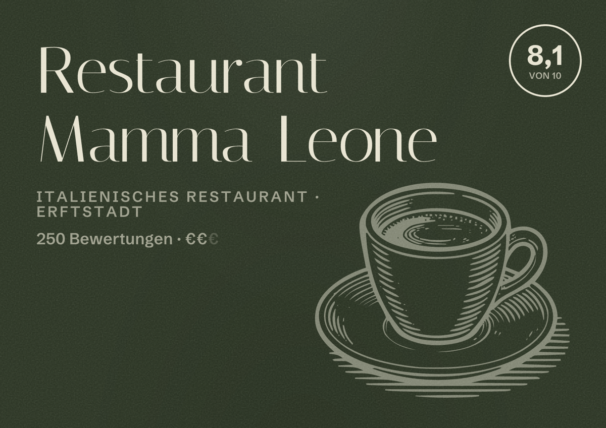 Illustriertes Poster von Restaurant Mamma Leone, Italienisches Restaurant in Erftstadt: Bewertung 8,1 von 10 aus 250 Bewertungen, Preisniveau €€