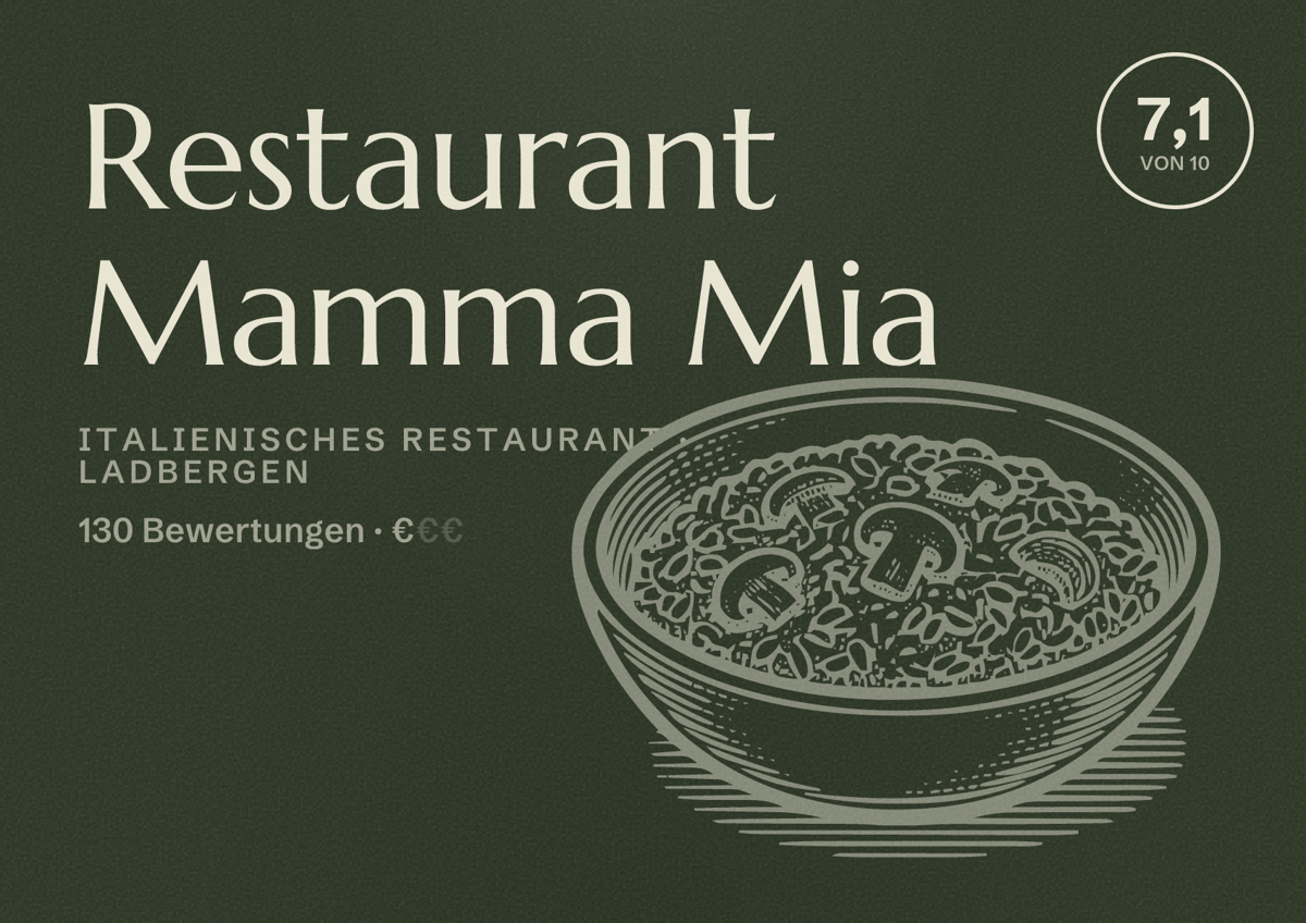 Illustriertes Poster von Restaurant Mamma Mia, Italienisches Restaurant in Ladbergen: Bewertung 7,1 von 10 aus 130 Bewertungen, Preisniveau €
