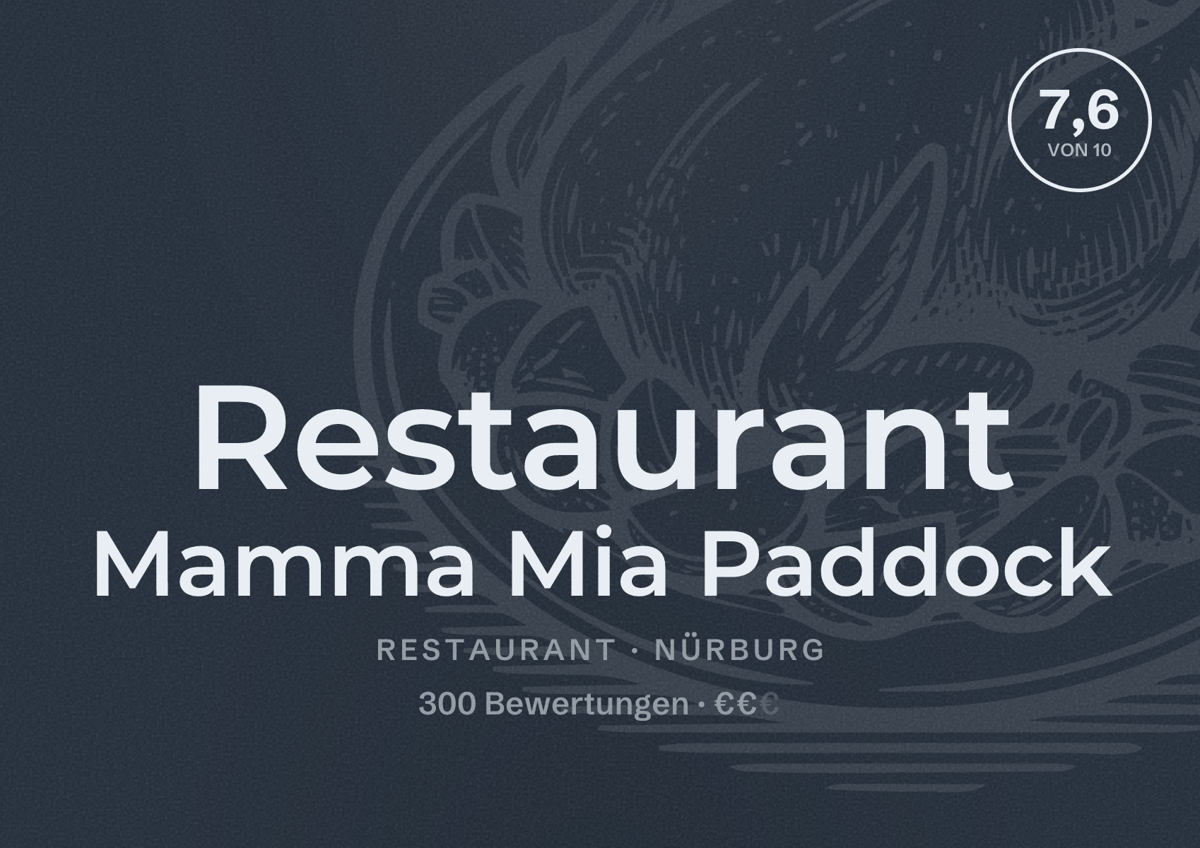 Illustriertes Poster von Restaurant Mamma Mia Paddock, Restaurant in Nürburg: Bewertung 7,6 von 10 aus 300 Bewertungen, Preisniveau €€