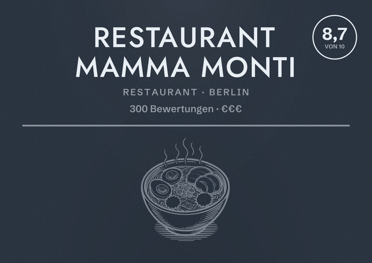 Illustriertes Poster von Restaurant Mamma Monti, Restaurant in Berlin: Bewertung 8,7 von 10 aus 300 Bewertungen, Preisniveau €€€
