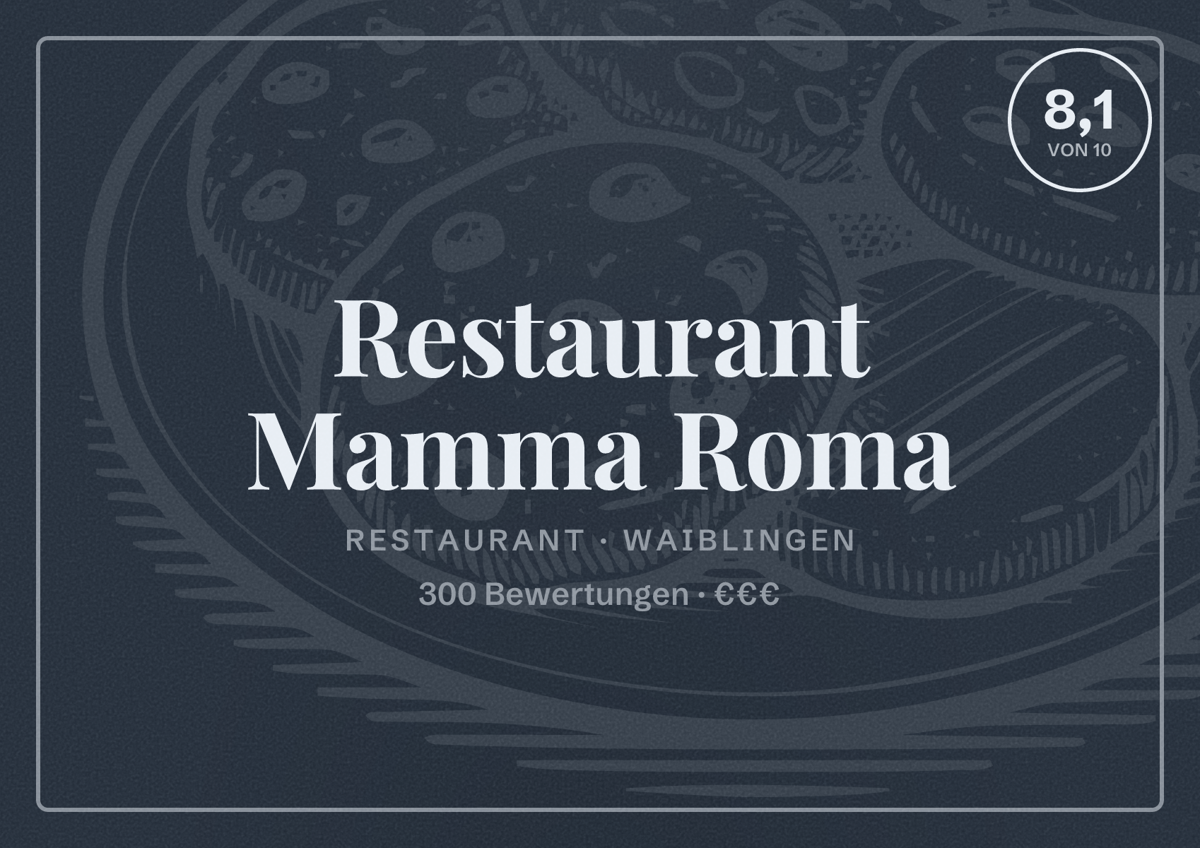Illustriertes Poster von Restaurant Mamma Roma, Restaurant in Waiblingen: Bewertung 8,1 von 10 aus 300 Bewertungen, Preisniveau €€€