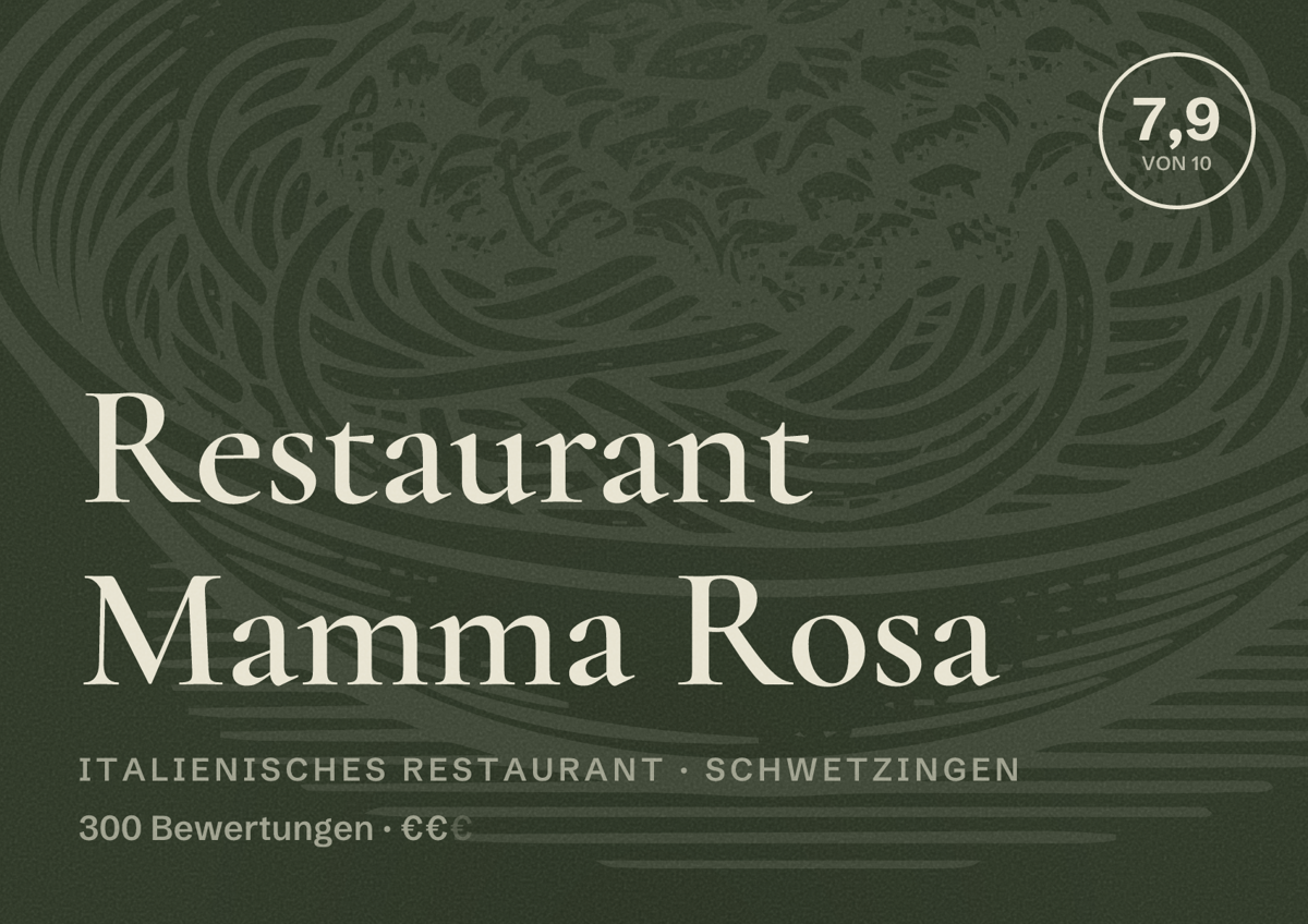 Illustriertes Poster von Restaurant Mamma Rosa, Italienisches Restaurant in Schwetzingen: Bewertung 7,9 von 10 aus 300 Bewertungen, Preisniveau €€