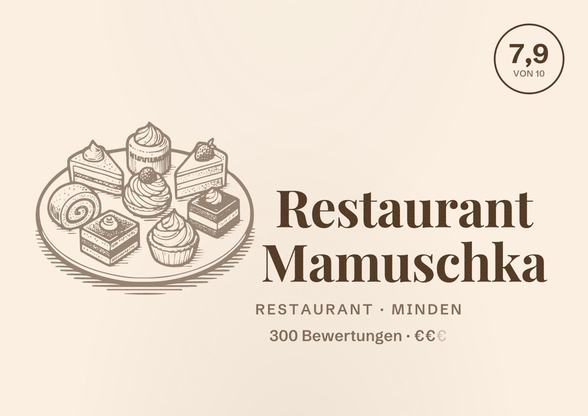 Illustriertes Poster von Restaurant Mamuschka, Restaurant in Minden: Bewertung 7,9 von 10 aus 300 Bewertungen, Preisniveau €€