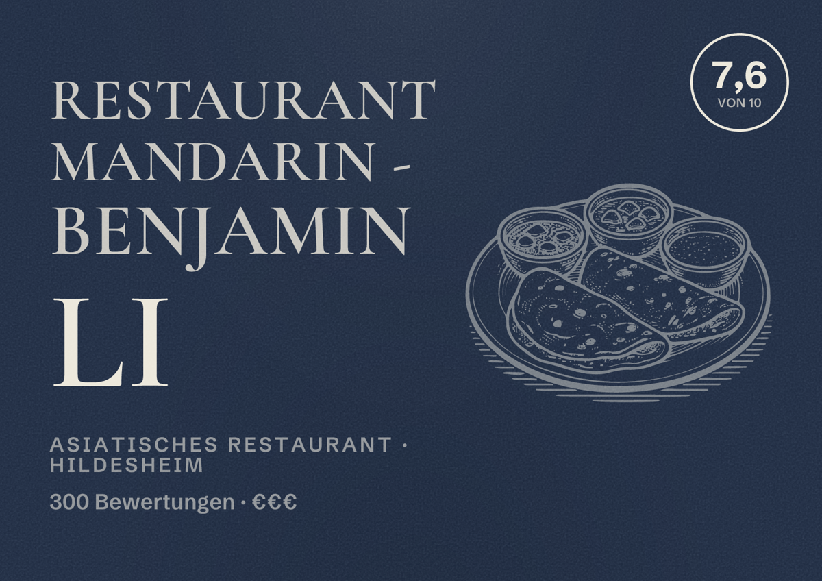 Illustriertes Poster von Restaurant Mandarin - Benjamin Li, Asiatisches Restaurant in Hildesheim: Bewertung 7,6 von 10 aus 300 Bewertungen, Preisniveau €€€