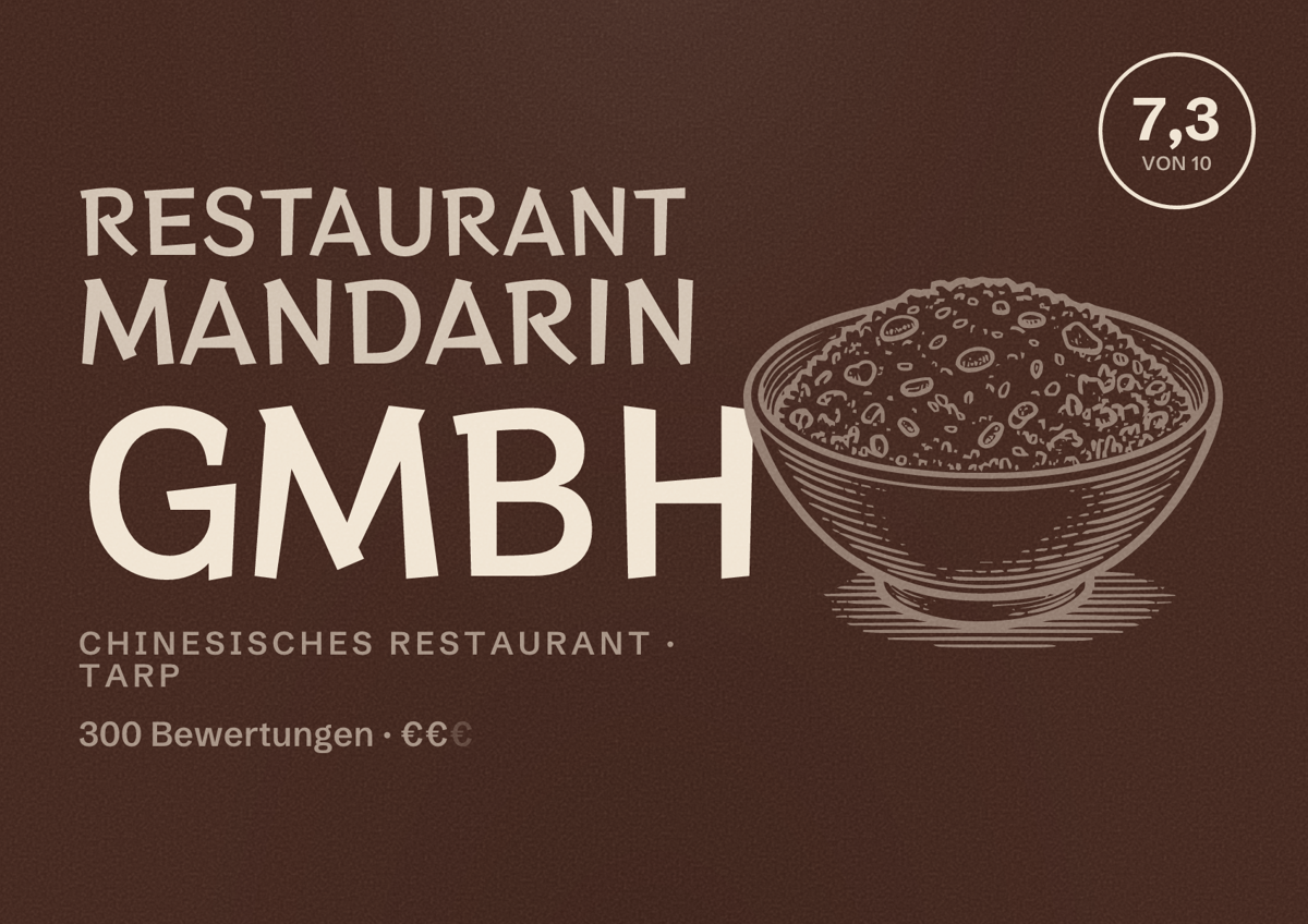 Illustriertes Poster von Restaurant Mandarin GmbH, Chinesisches Restaurant in Tarp: Bewertung 7,3 von 10 aus 300 Bewertungen, Preisniveau €€