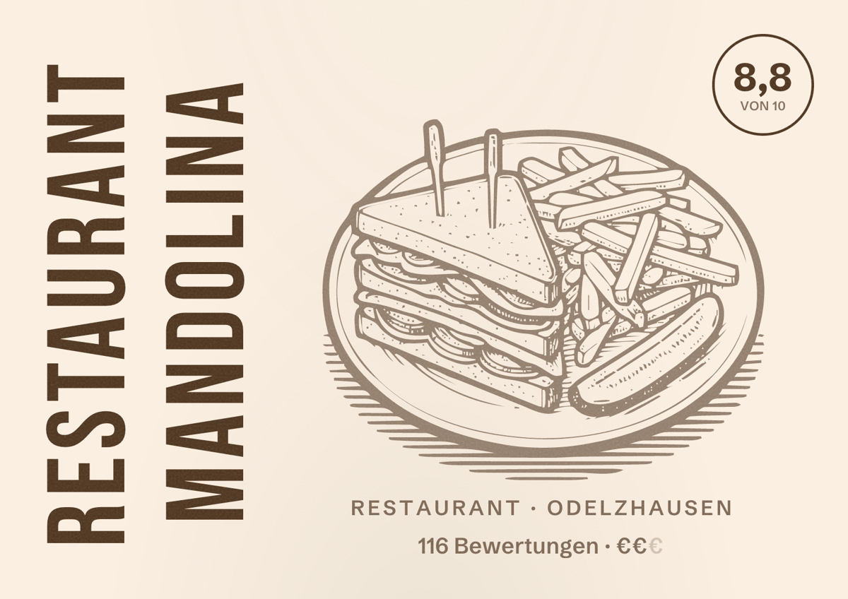 Illustriertes Poster von Restaurant Mandolina, Restaurant in Odelzhausen: Bewertung 8,8 von 10 aus 116 Bewertungen, Preisniveau €€