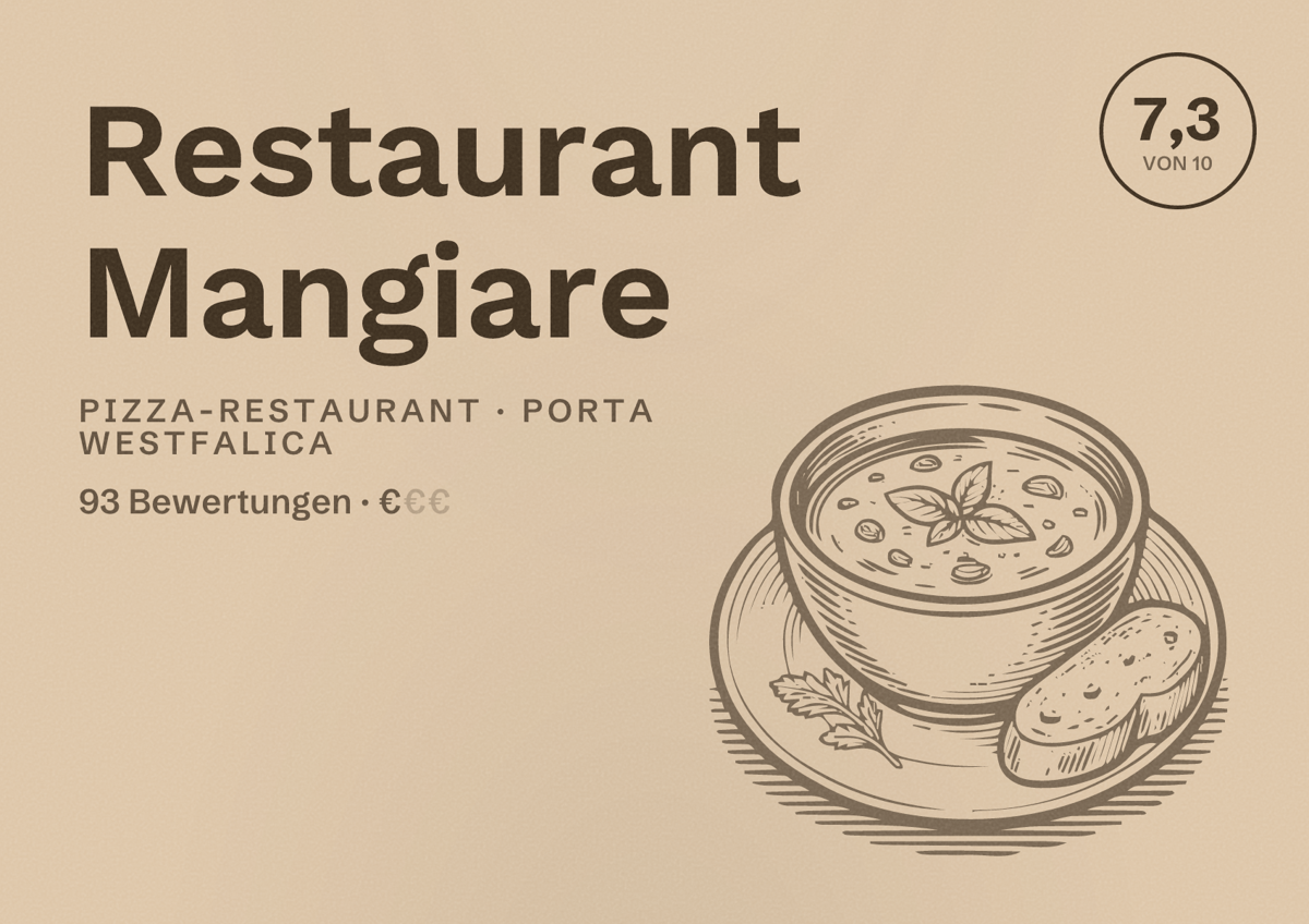 Illustriertes Poster von Restaurant Mangiare, Pizza-Restaurant in Porta Westfalica: Bewertung 7,3 von 10 aus 93 Bewertungen, Preisniveau €