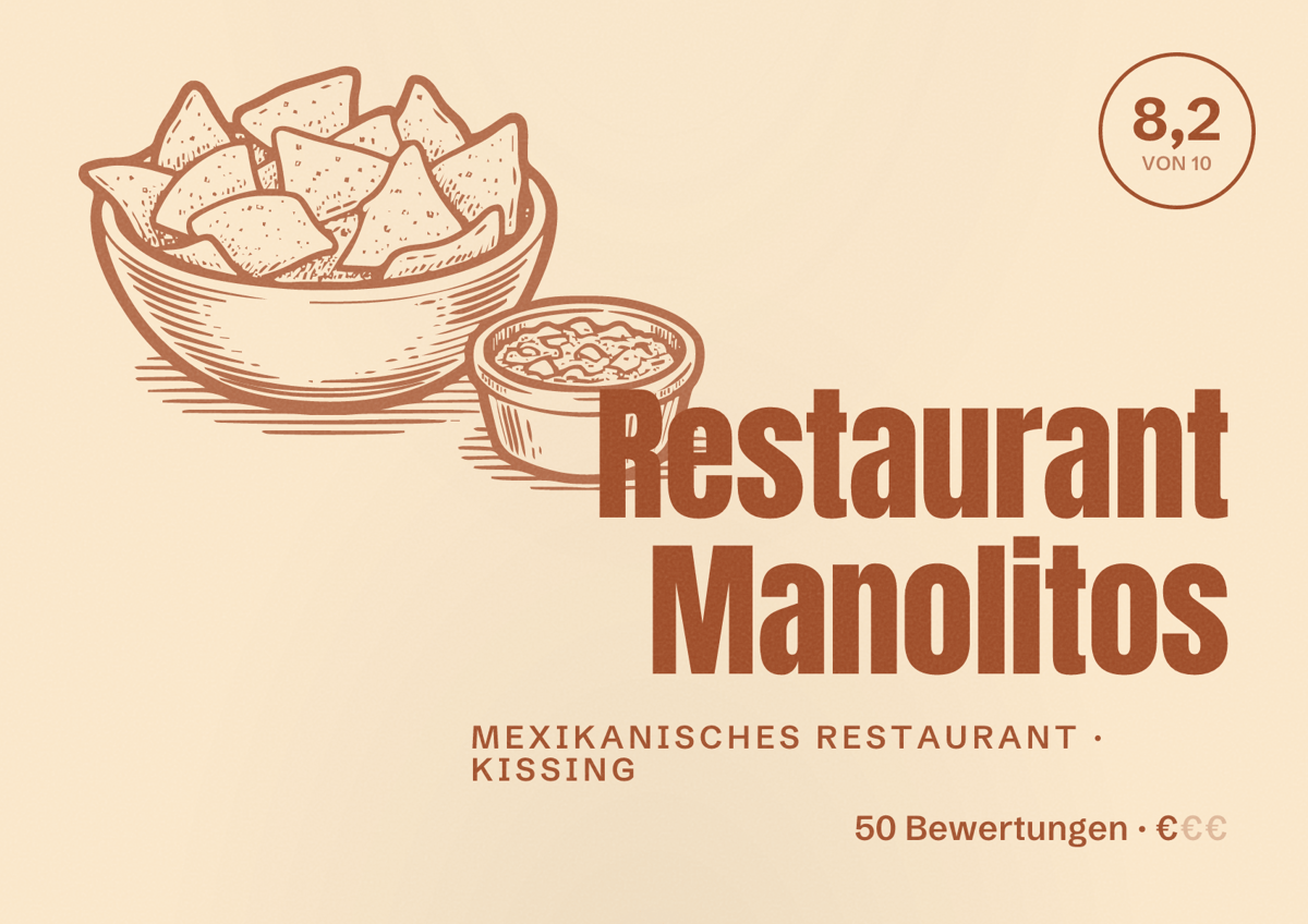 Illustriertes Poster von Restaurant Manolitos, Mexikanisches Restaurant in Kissing: Bewertung 8,2 von 10 aus 50 Bewertungen, Preisniveau €