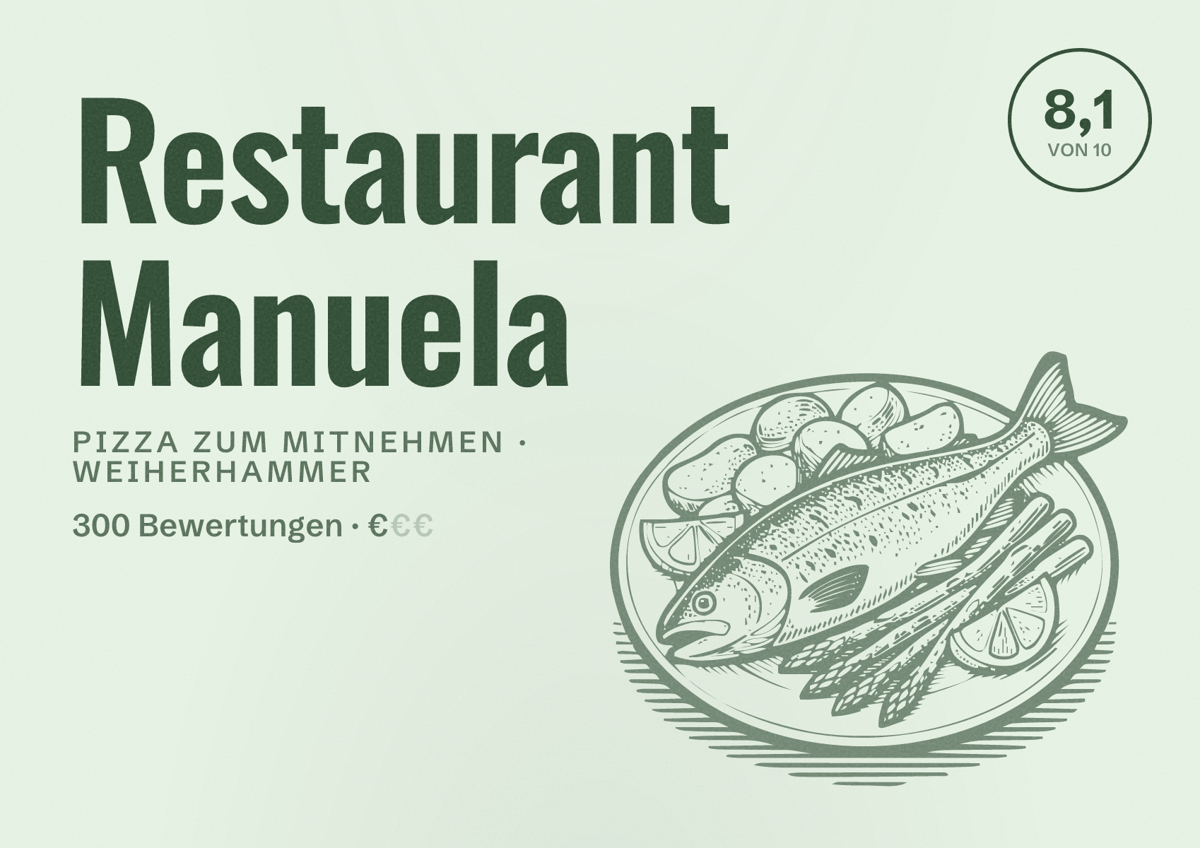 Illustriertes Poster von Restaurant Manuela, Pizza zum Mitnehmen in Weiherhammer: Bewertung 8,1 von 10 aus 300 Bewertungen, Preisniveau €