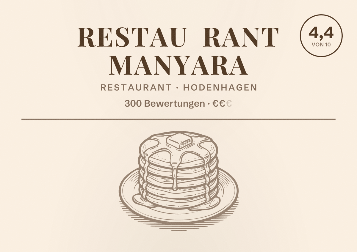 Illustriertes Poster von Restau­rant Manyara, Restaurant in Hodenhagen: Bewertung 4,4 von 10 aus 300 Bewertungen, Preisniveau €€
