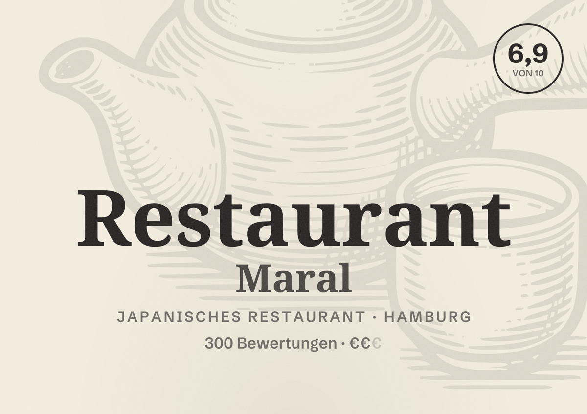 Illustriertes Poster von Restaurant Maral, Japanisches Restaurant in Hamburg: Bewertung 6,9 von 10 aus 300 Bewertungen, Preisniveau €€