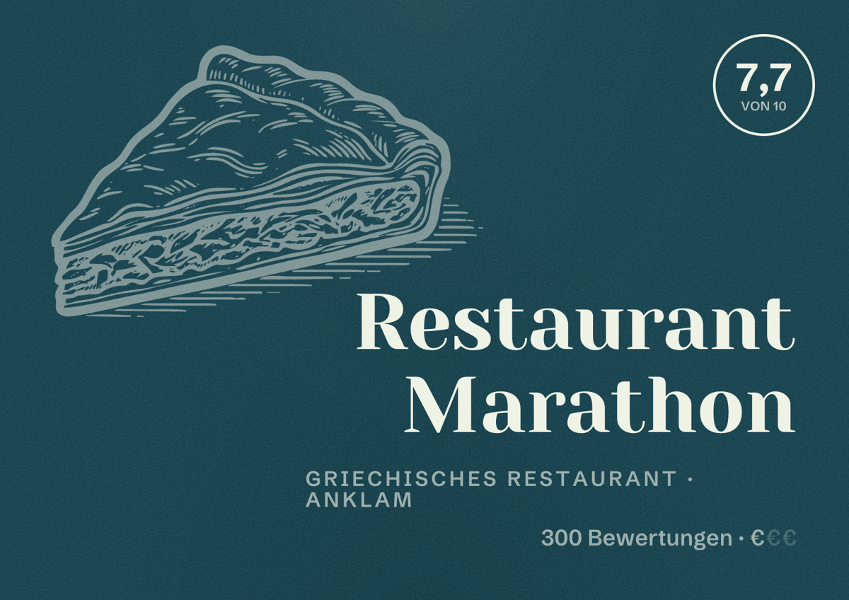 Illustriertes Poster von Restaurant Marathon, Griechisches Restaurant in Anklam: Bewertung 7,7 von 10 aus 300 Bewertungen, Preisniveau €