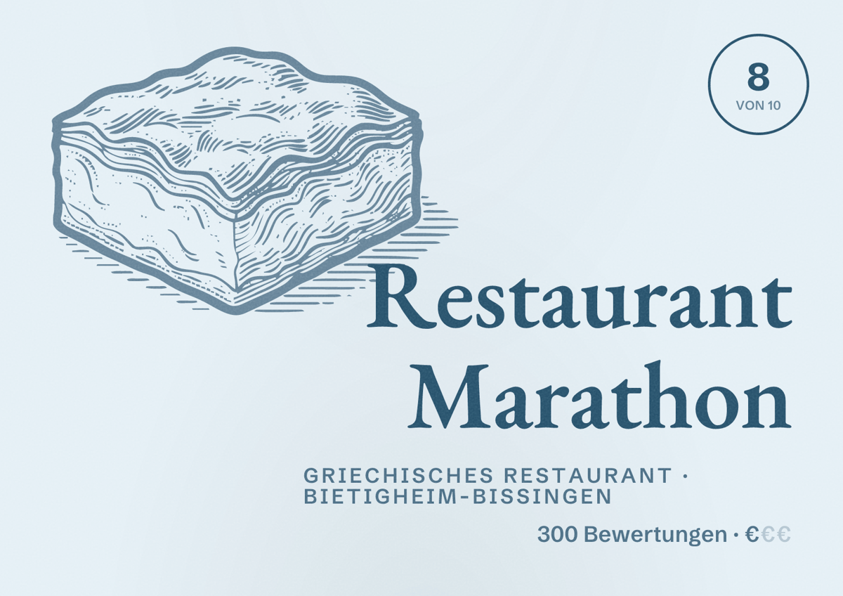 Illustriertes Poster von Restaurant Marathon, Griechisches Restaurant in Bietigheim-Bissingen: Bewertung 8 von 10 aus 300 Bewertungen, Preisniveau €